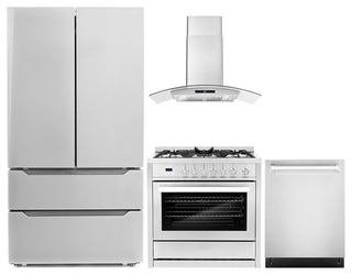 4-Piece, 36" Gas Range, 36" Range Hood, 24" Dishwasher and Refrigerator