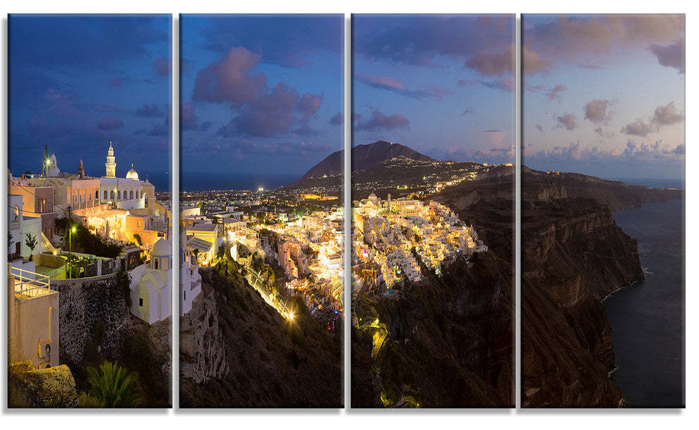 "Thira Santorini Greece Panorama" Landscape Print Wall Art, 4 Panels, 48"x28"