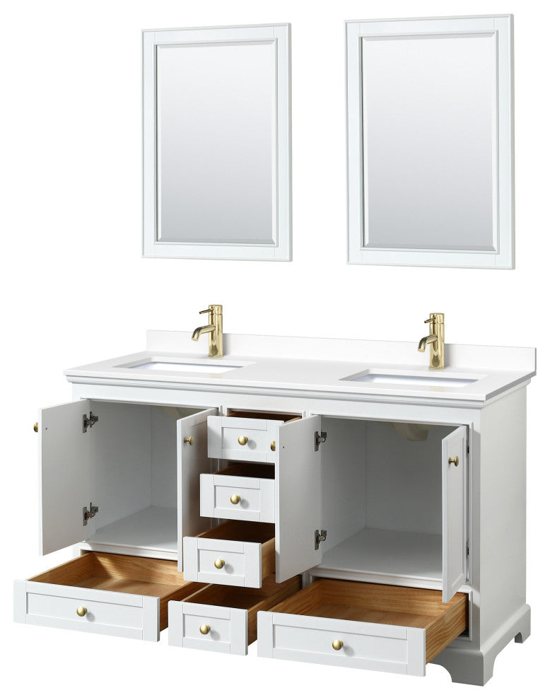 60"DBL Vanity White, White Cult. Marble Countertop, Sinks, Gold Trim, 24"Mirrors