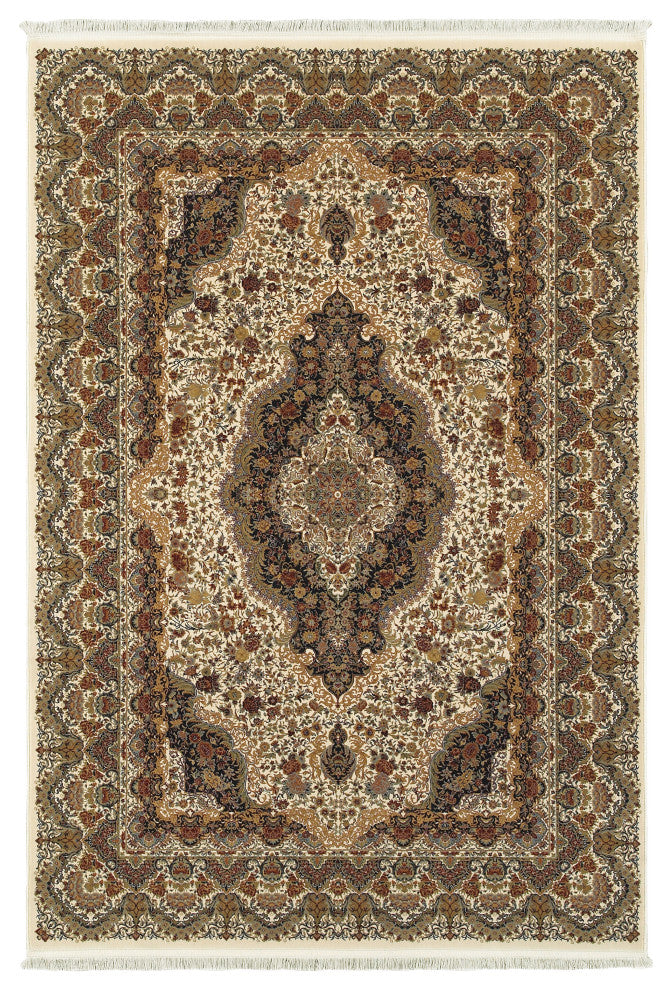 Mackenzie Traditional Border Medallion Ivory/ Multi Fringed Area Rug, 5'3"x7'6"