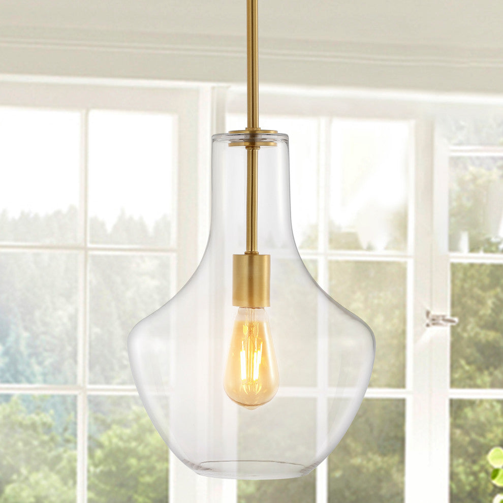 Watts 10.5" Glass, Metal LED Pendant, Brass Gold/Clear, Width: 10.5"