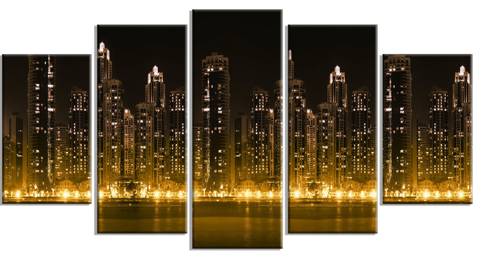 "Modern City With Illuminated Skyscrapers" Wall Art, 60"x32", 5-Panels