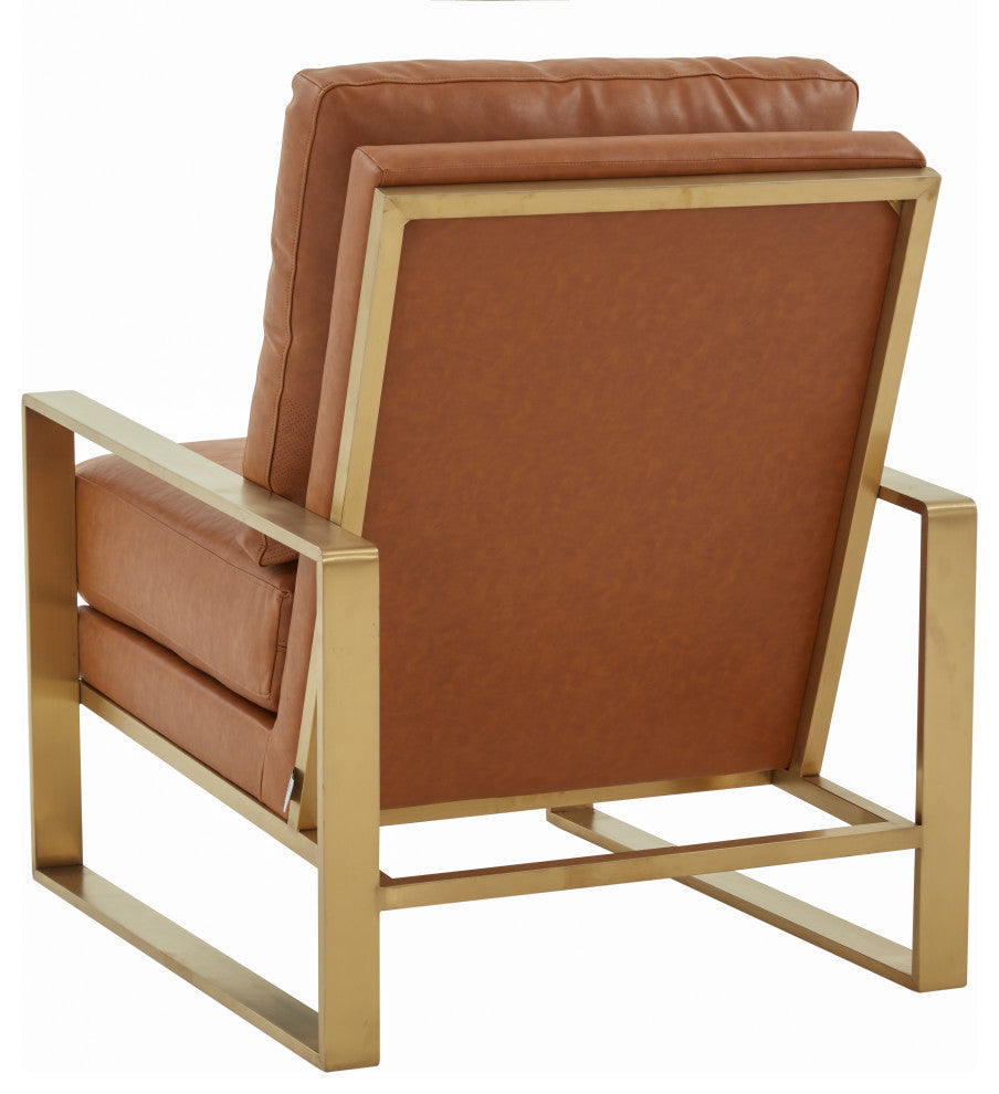 LeisureMod Jefferson Arm Chairs With Gold Frame and Coffee Table, Cognac Tan