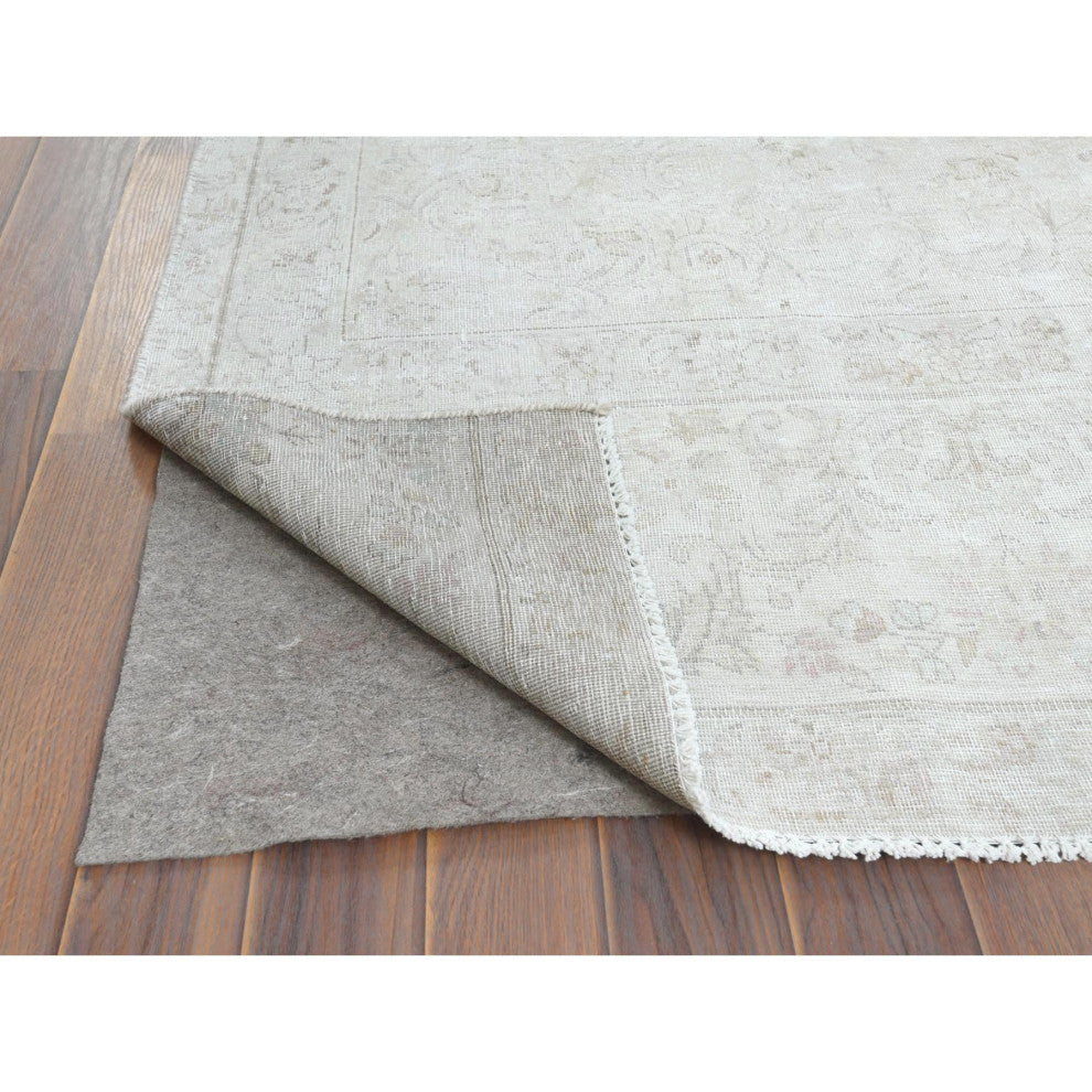 Beige, Vintage Persian Kerman, Worn Wool, Hand Knotted, Rug, 7'6" x 12'10"