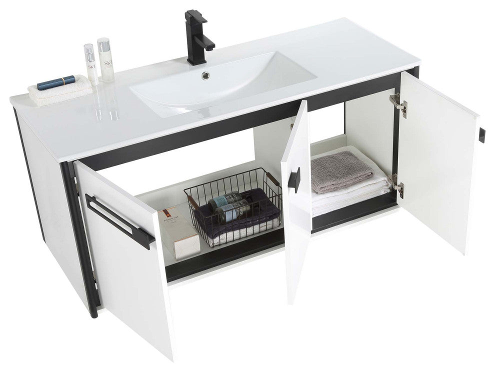 Oakville Wall Mount Bathroom Vanity, White Matte, 48", Black Hardware