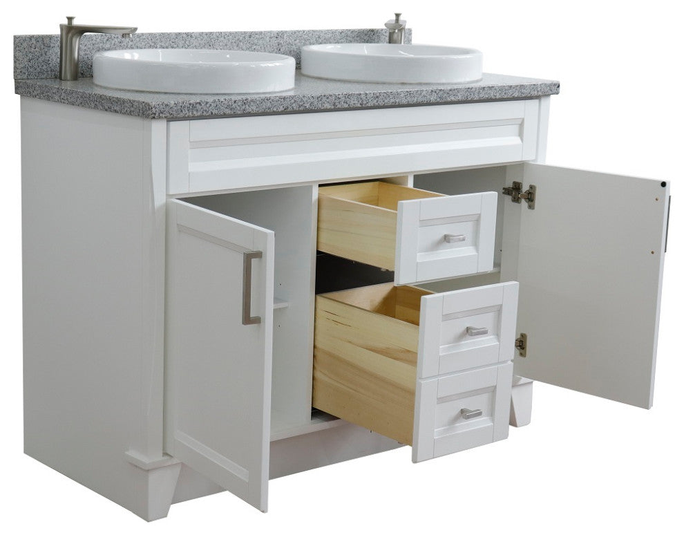 48" Double Sink Vanity, White Finish With Gray Granite And Round Sink