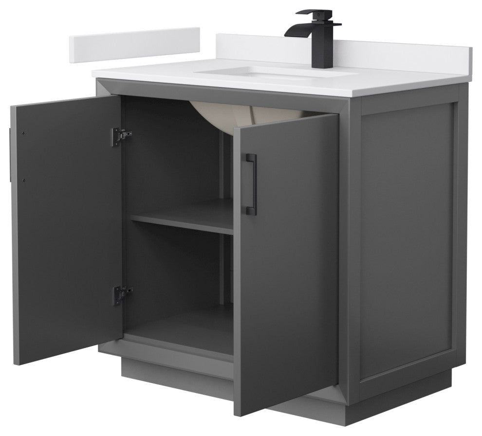 Strada 36" Single Vanity in Gray, White  Marble Top, Sink, Black Trim