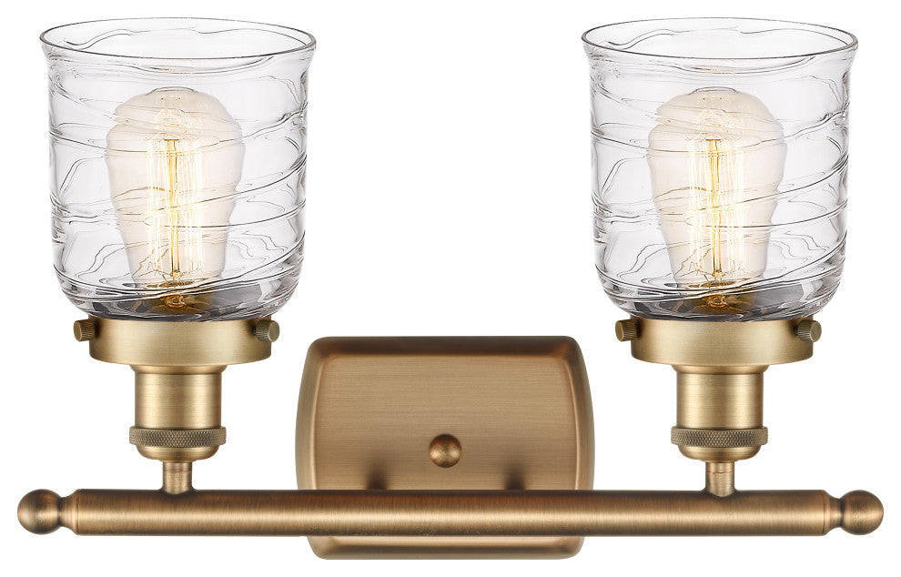 Small Bell 2 Light Bath Vanity Light, Brushed Brass, Deco Swirl