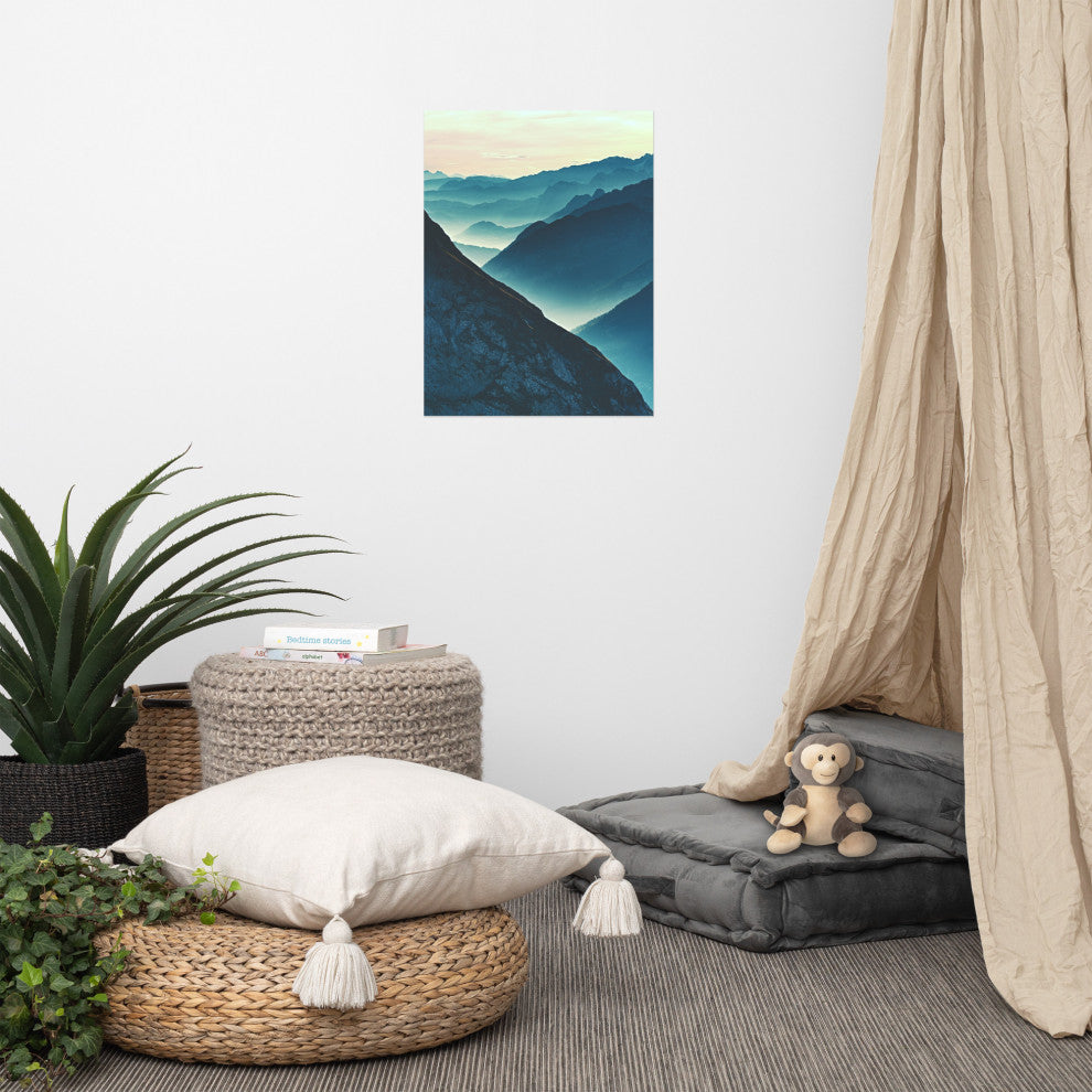 Misty Blue Silhouette Mountain Range Landscape Photo Unframed Wall Art Prints, 18" X 24"