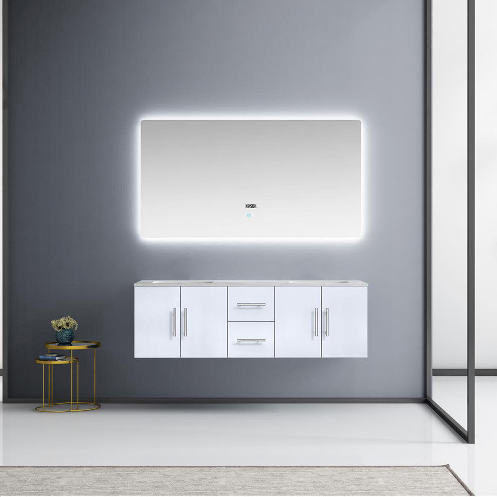 Geneva Transitional Glossy White 60" Double Vanity with 60" Led Mirror