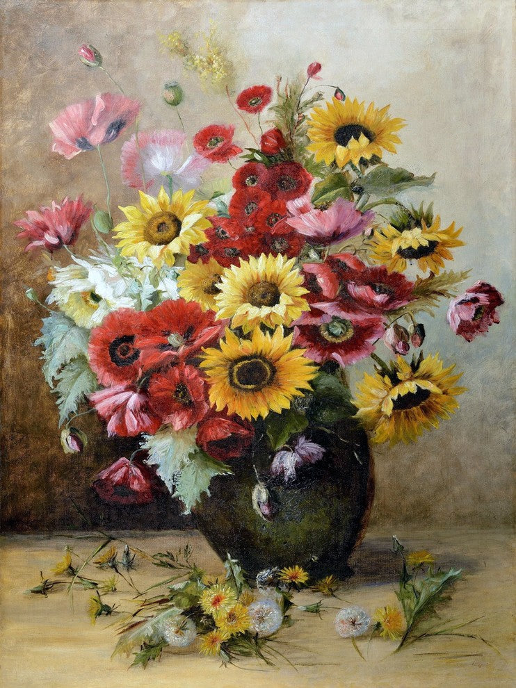 Tile Mural Still Life Flowers Vase Sunflowers Poppies, 6"x8", Glossy