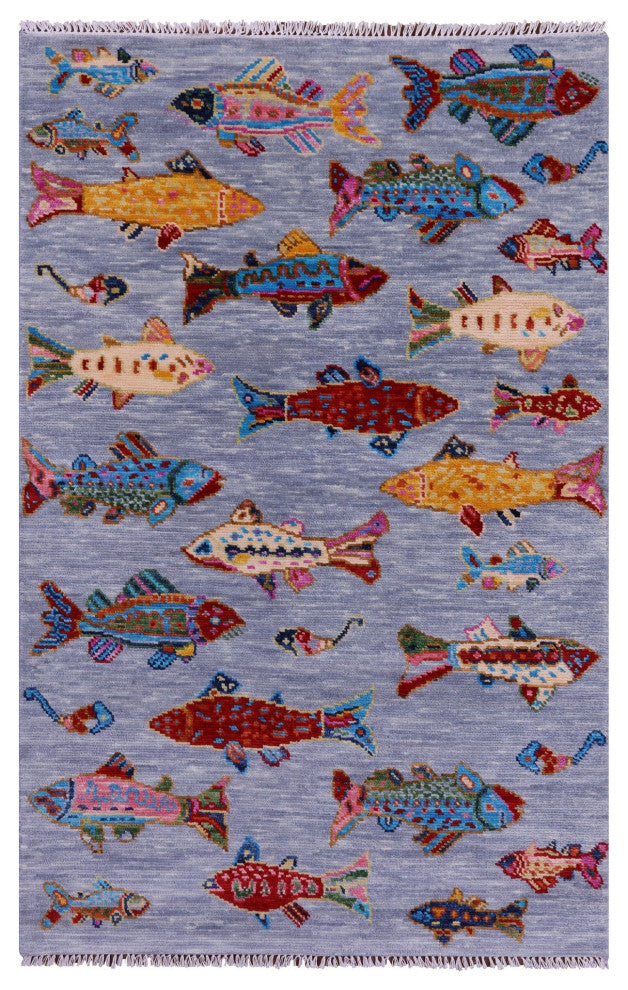 Gabbeh Fish Design Hand-Knotted Wool Rug 4' 1" X 6' 4" - Q15339