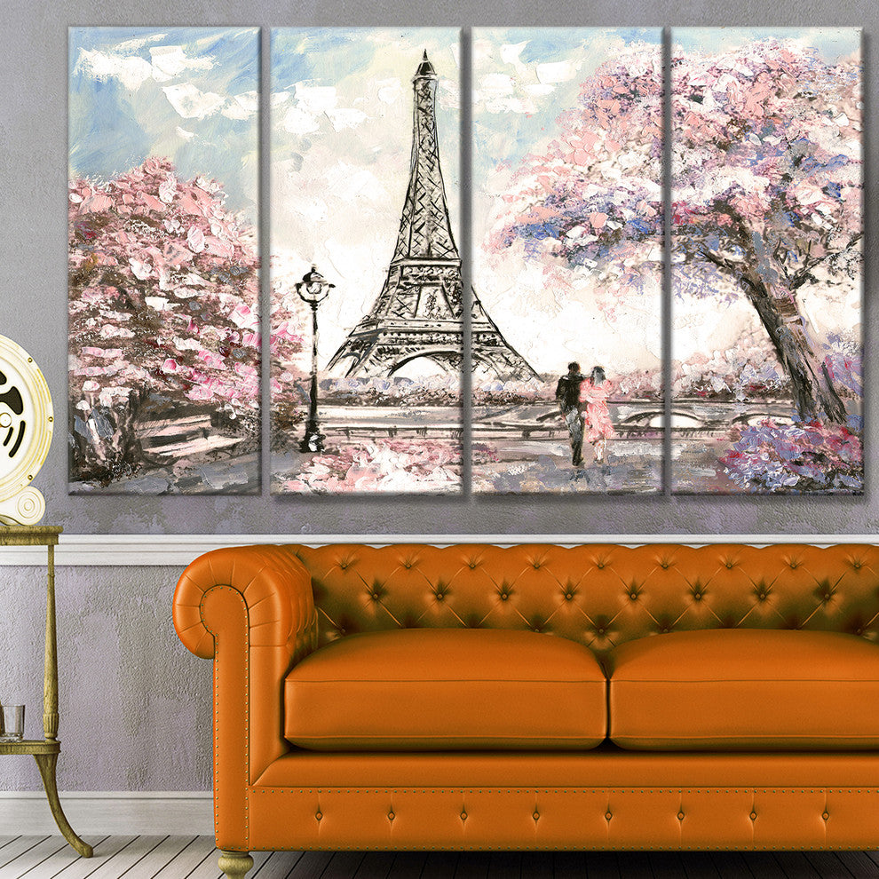 Eiffel with Pink Flowers, Landscape Canvas Art Print, 48"x28", 4 Panels