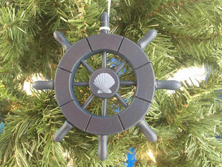 Dark Blue Decorative Ship Wheel With Seashell Christmas Tree Ornament 6''