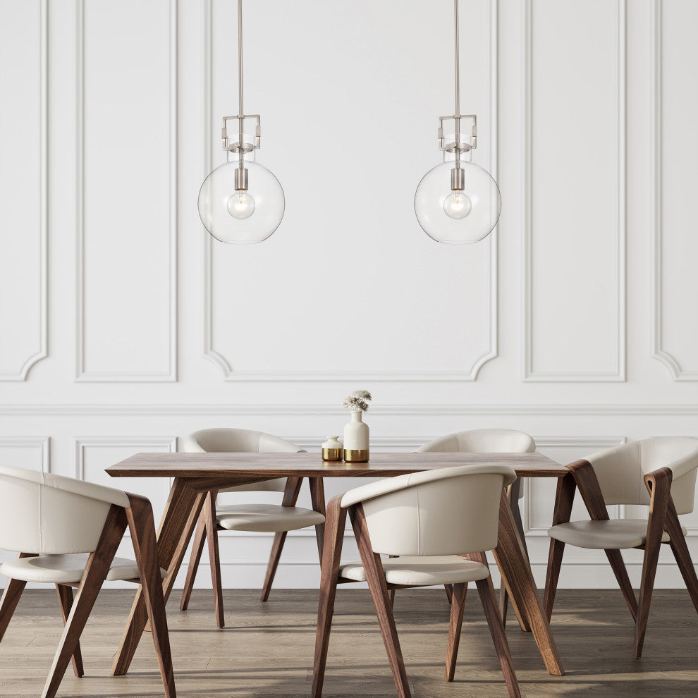 1-Light 10 in. Brushed Nickel Pendant With Globe Shaped Clear Glass Shade