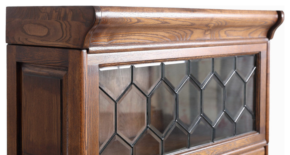 Crafters and Mission Style Oak  5 Stack Barrister Bookcase with Leaded Glass, Walnut