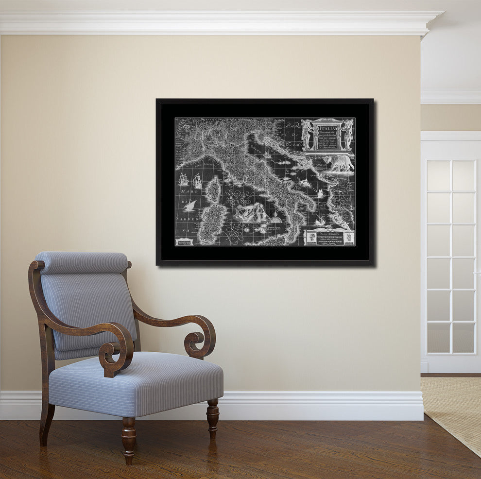 Italy Vintage Monochrome Map Print On Canvas With Black Custom Frame, 16" X 21"
