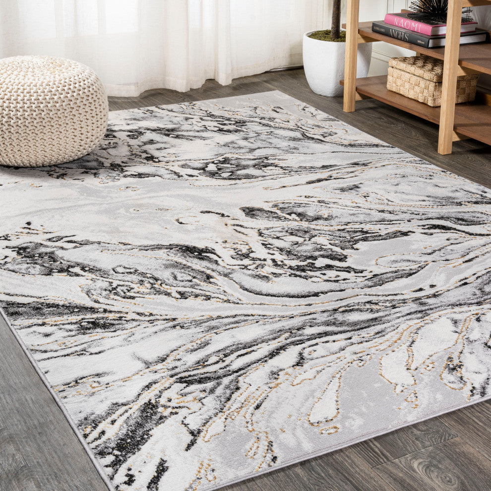 Swirl Marbled Abstract Area Rug, Gray/Black, 3 X 5