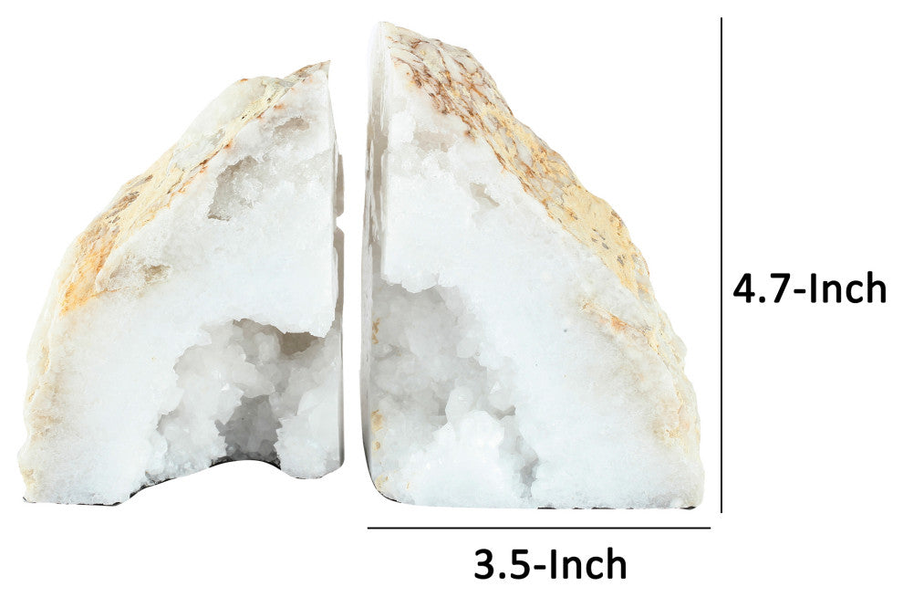 Benzara BM285560 5" Natural White Stone Bookends, Artisanal Textured Geode Rock