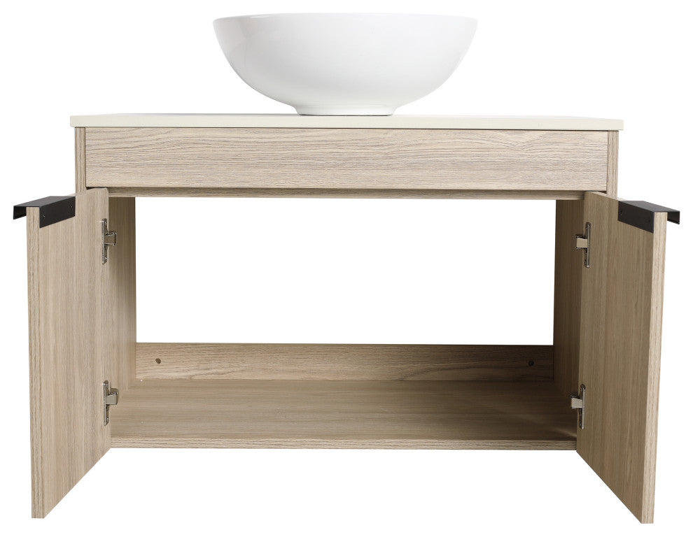 Wall-Mounted Bath Vanity, White Oak, White Ceramic Vessel Sink