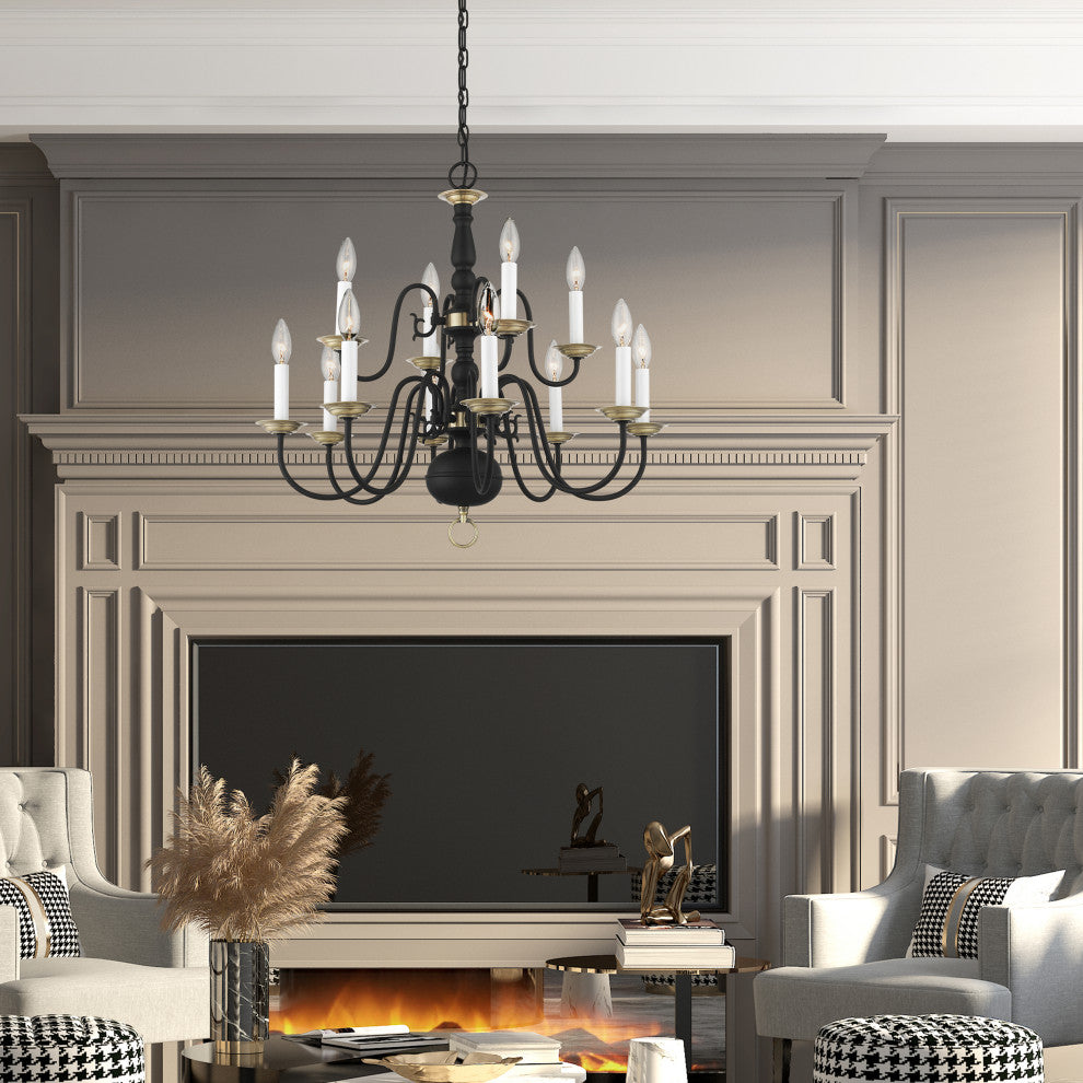 Livex Lighting Williamsburg 12 Light Black, Antique Brass 2-Tier Chandelier