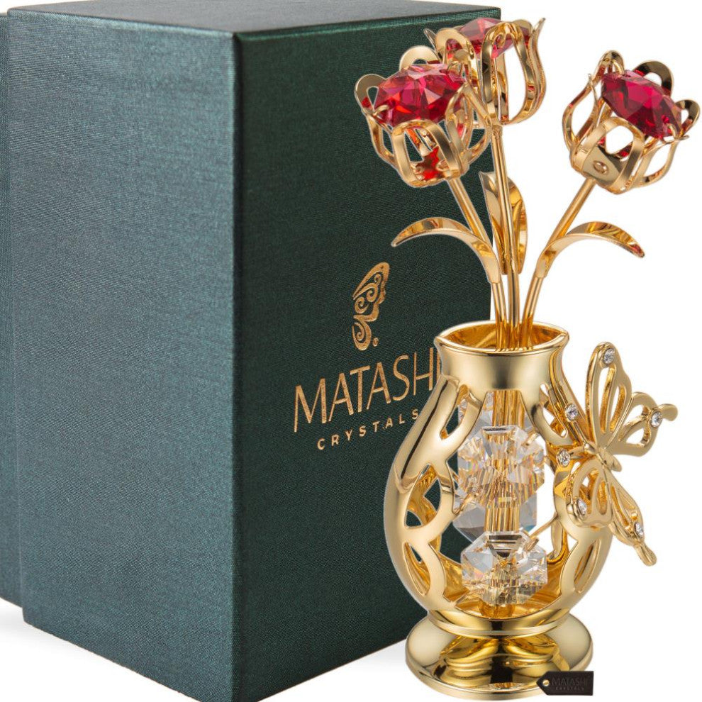 Matashi 24K Gold Plated Flower Ornament in Vase w Crystals Decorative Butterfly