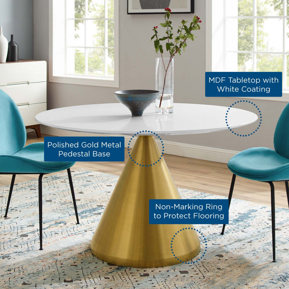 Dining Table, Round, Wood, Metal, Gold White, Modern, Cafe Bistro Restaurant