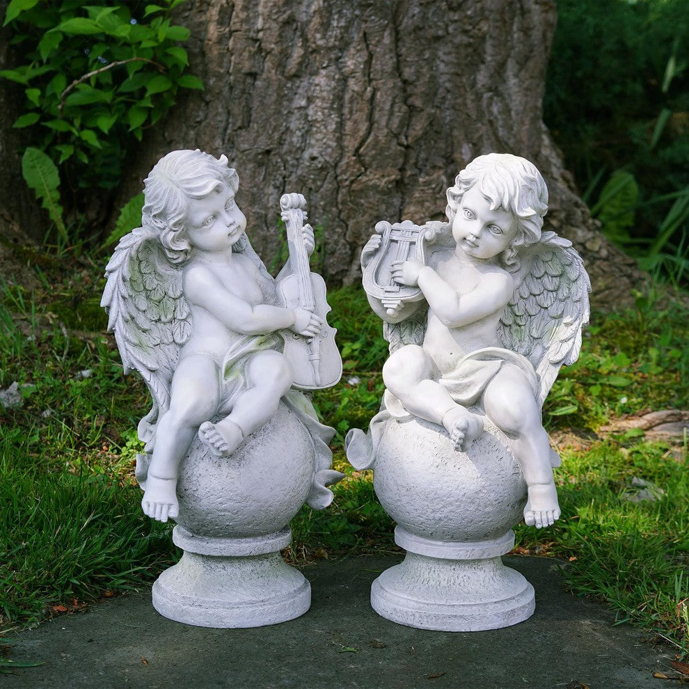 2 Sitting Angels with Instruments Outdoor Garden Statues