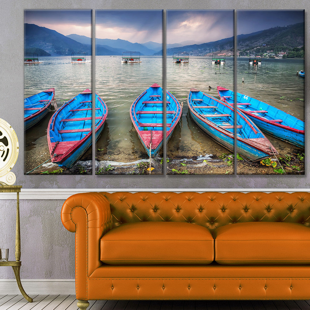 Row of Blue Boats in Pokhara Lake, Boat Canvas Art Print, 48"x28", 4 Panels