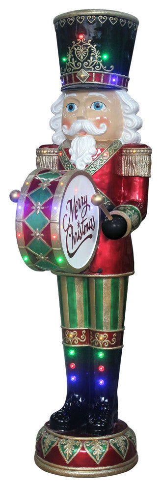 6' Nutcracker Playing Bass Drum With Moving Hands, Music, Timer, 32 LED Lights