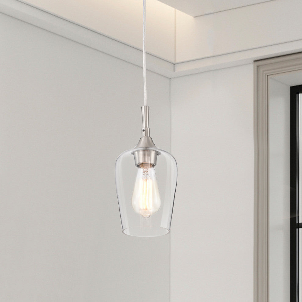 1-Light Brushed Nickel Modern Mini Pendant With Clear Glass Shade