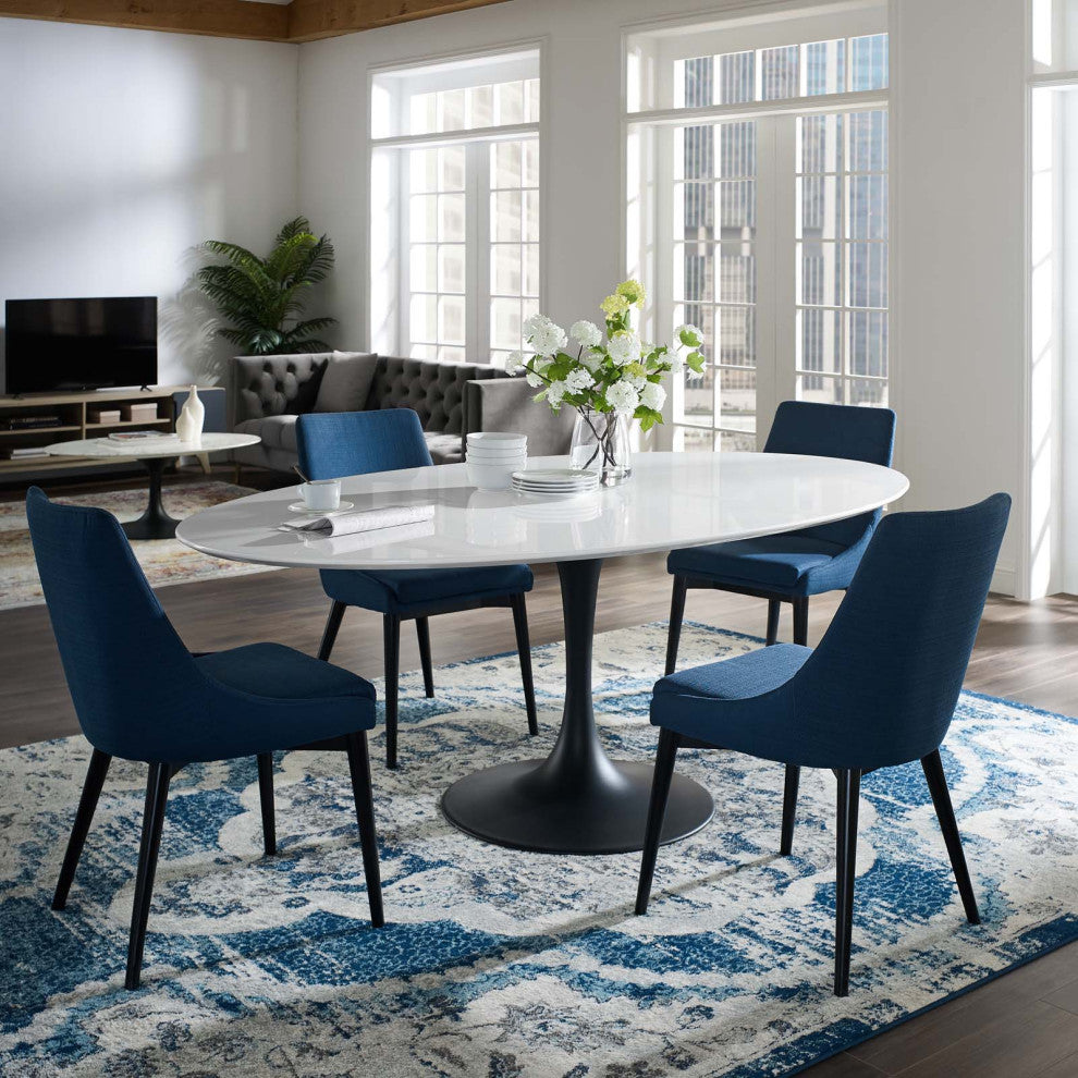 Contemporary Modern Kitchen Room Oval Dining Table, Wood Aluminum, Black White