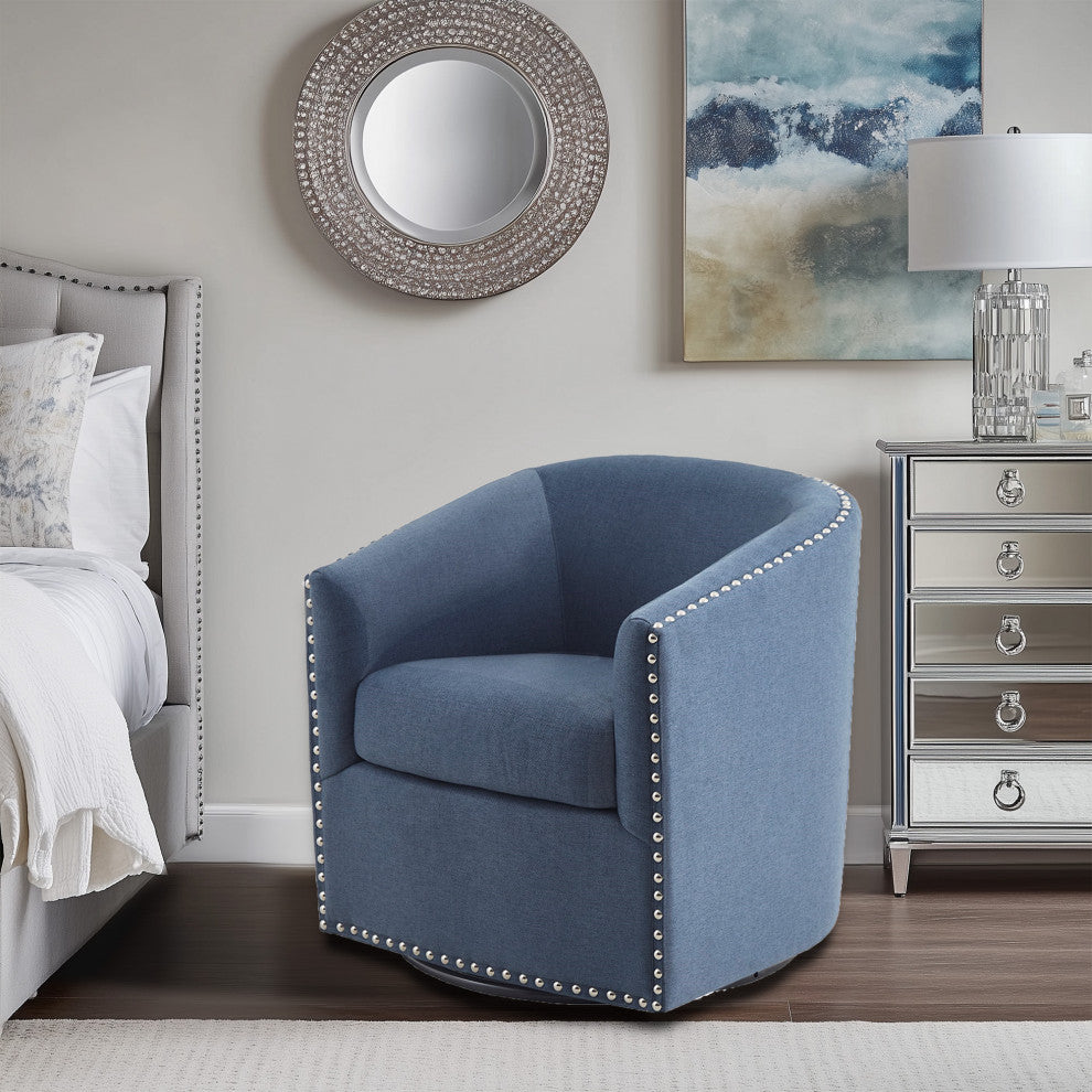 Madison Park Tyler Upholstered Swivel Barrel Chair with Nailheads, Blue