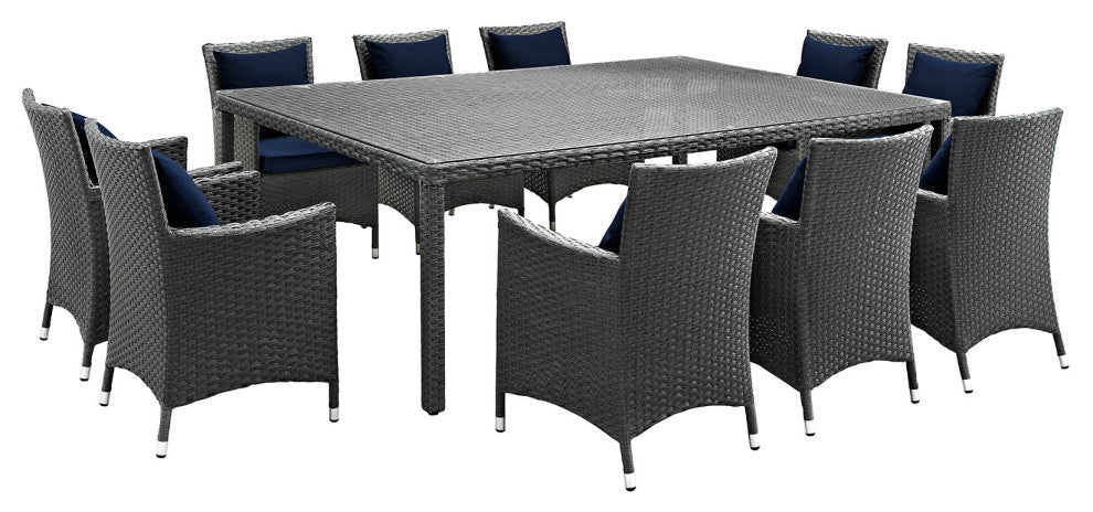 Modway Sojourn 11 Piece Outdoor Patio Sunbrella Dining Set, Canvas Navy