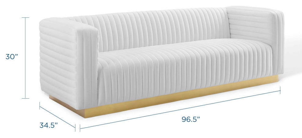 Tufted Sofa, Velvet, White, Modern, Living Lounge Room Hotel Lobby Hospitality