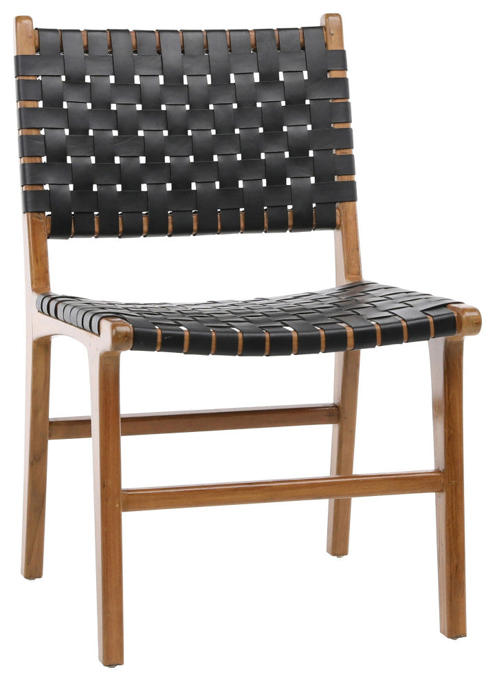 Maverick Top Grain Leather Dining Side Chair, Black Leather With Light Frame