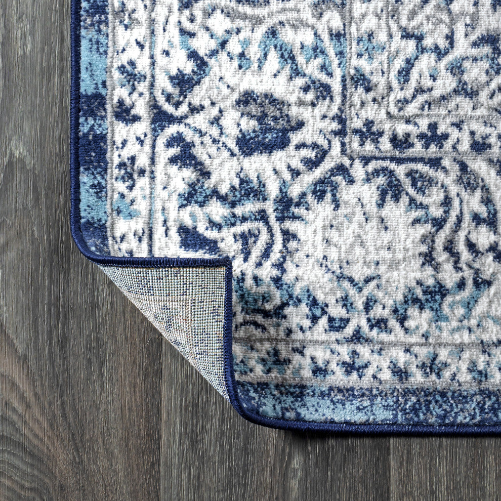 Modern Persian Vintage Medallion Navy /Light Grey 2' x 8' Runner Rug