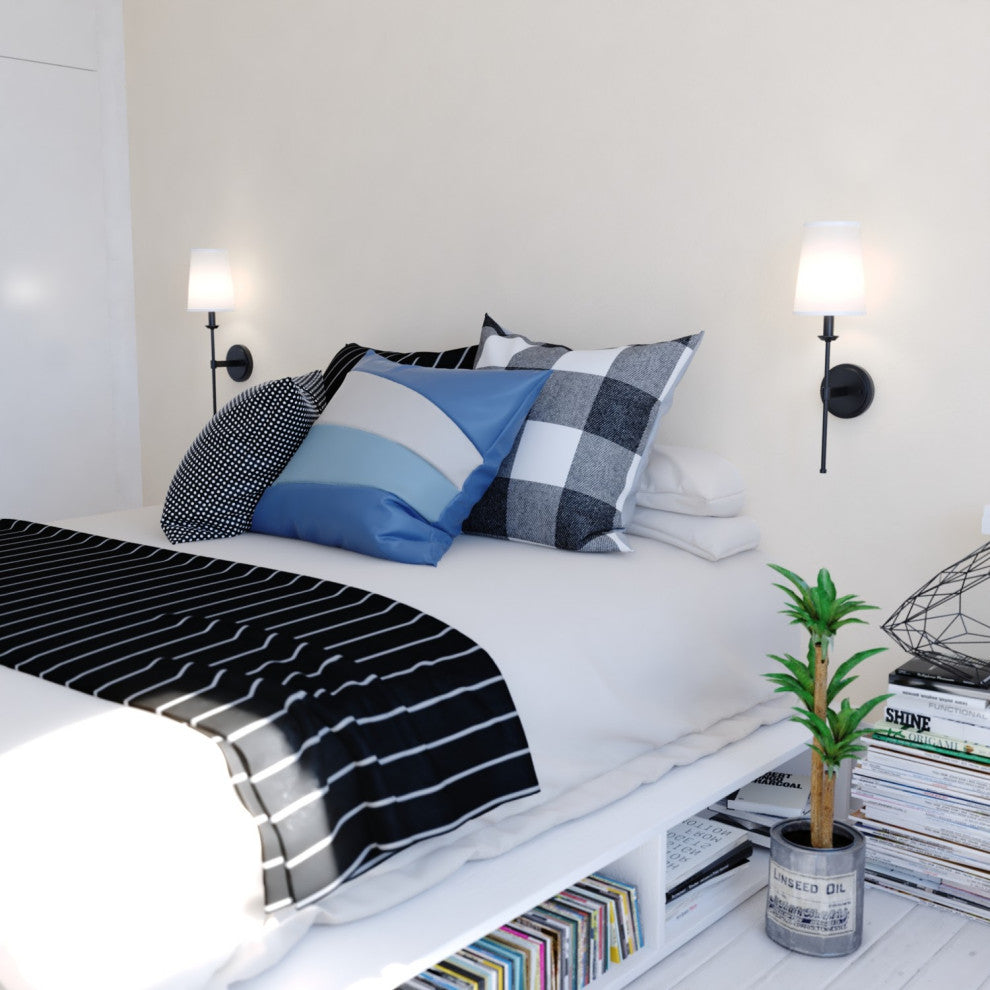 Camden 1 Light Matte Black Wall Sconce Fixture White Linen Fabric LED Compatible