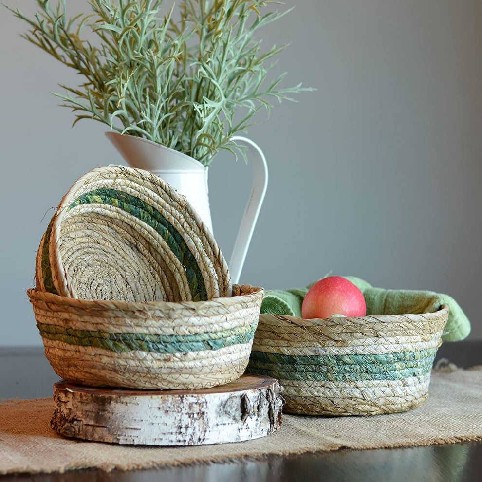 3 Piece Green and Natural Striped Baskets Set