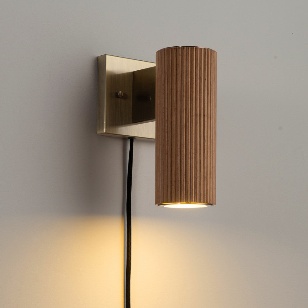 Tambo Wall Sconce - Dark Walnut Wood Finish, Weathered Brass, Dimmer, Natural Ash