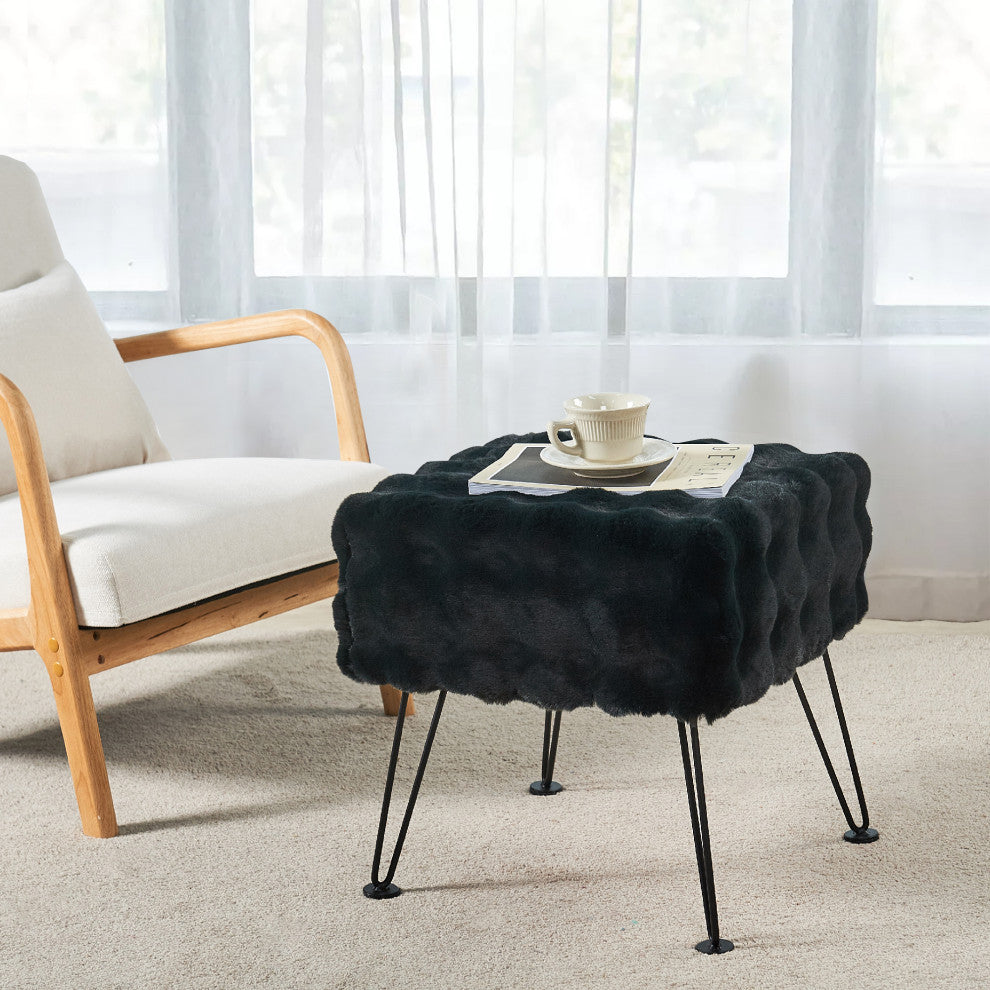 Bubble Square Faux Fur Ottoman Stool, Black, 17''x17''x17''