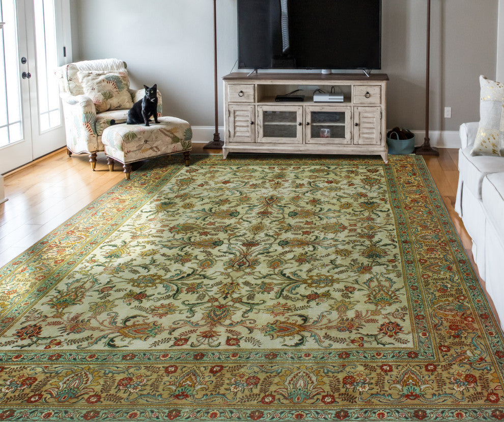 Fine Vintage Distressed Kaleb Ivory/Green Rug, 9'6 x 12'7