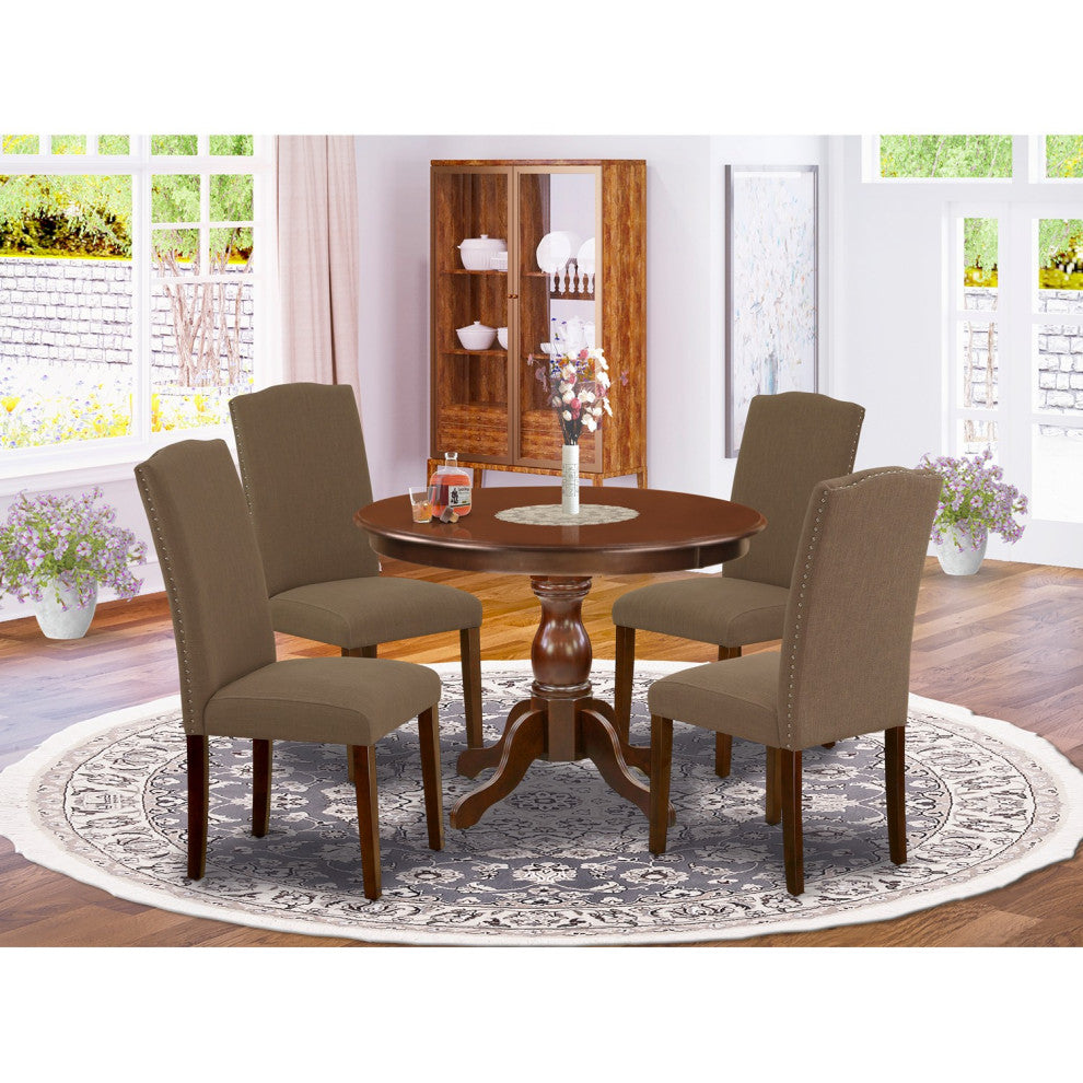 5Pc Kitchen Set, Mahogany Dining Table, 4 Dark Coffee Chairs Back