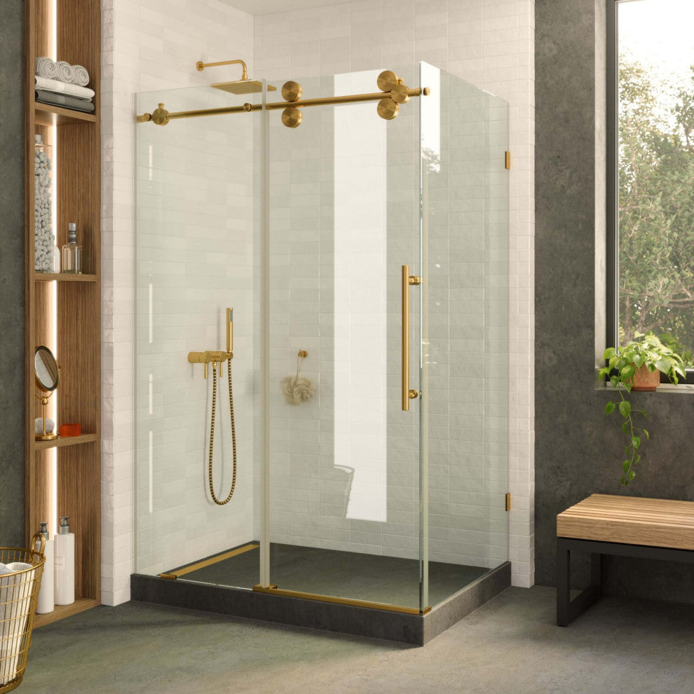 Frameless Shower Enclosure Sliding Shower Glass Door - Tempered Glass, Satin Brass, 48"