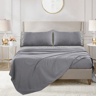 Serenta Lei Embroidered 4 Piece Bed Sheet Set, Silver Gray, Queen