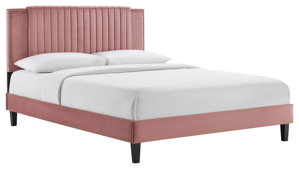 Zahra Channel Tufted Performance Velvet King Platform Bed, Dusty Rose