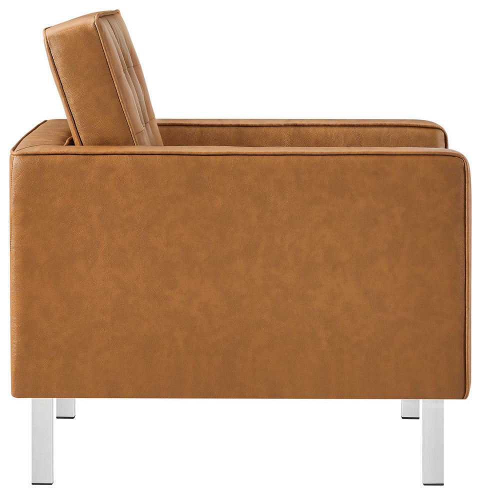 Loft Tufted Vegan Leather Armchair and Ottoman Set, Silver Tan