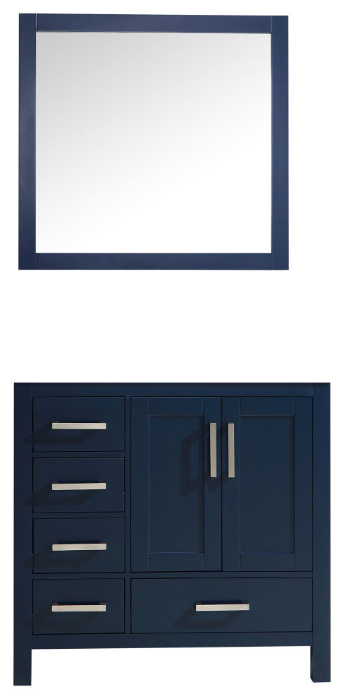 Jacques 36" Navy Blue Single Vanity Carrara Marble Top Sink, 34" Mirror Right