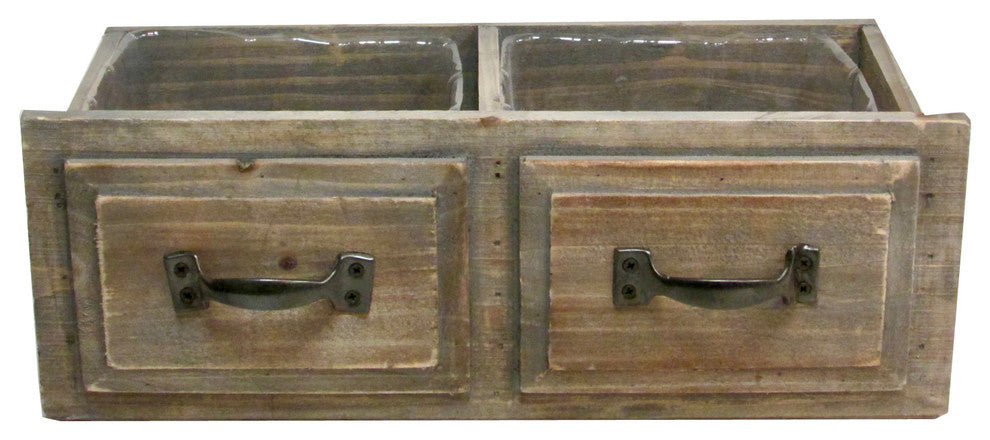Natural Wood Double Rectangle Drawer Planter Pot With Hard Liners