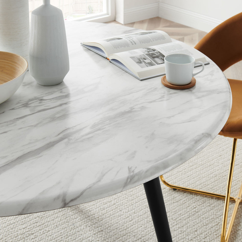 50" Dining Table, Round, White Black, Wood, Artificial Marble, Modern